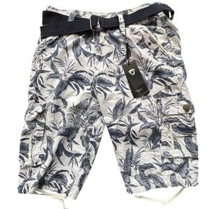 NEW Fried Denim Mens Cargo Shorts Size 32 Tropical Palm Print White Navy w belt